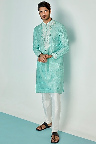 Sky Blue Chanderi Silk Resham Embroidered Kurta Set by ASUKA