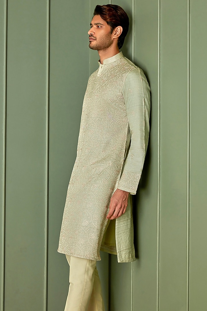 Olive Green Tussar Silk Resham Embroidered Kurta Set by ASUKA at Pernia's Pop Up Shop