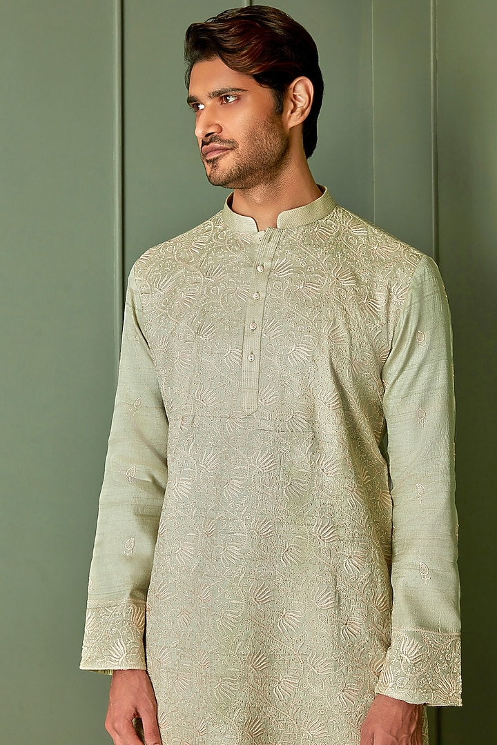 Olive Green Tussar Silk Resham Embroidered Kurta Set by ASUKA at Pernia's Pop Up Shop