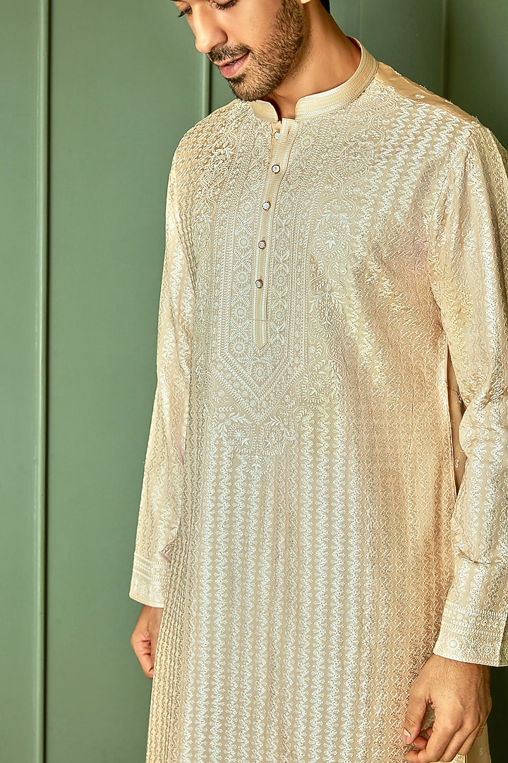 Beige Chanderi Silk Resham Embroidered Kurta Set by ASUKA at Pernia's Pop Up Shop