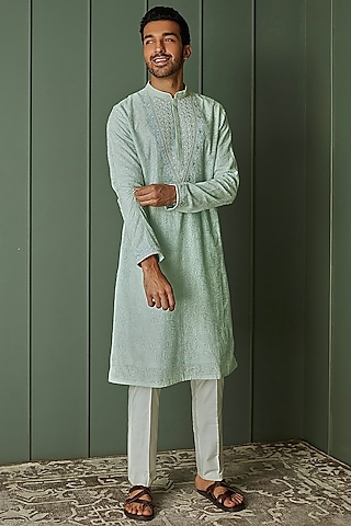 Sky Blue Chanderi Silk Resham Embroidered Kurta Set by ASUKA