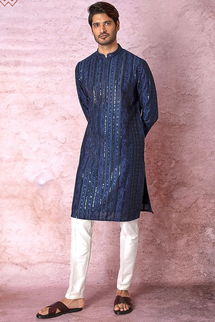 Indigo Blue Chanderi Silk Resham Embroidered Kurta Set by ASUKA