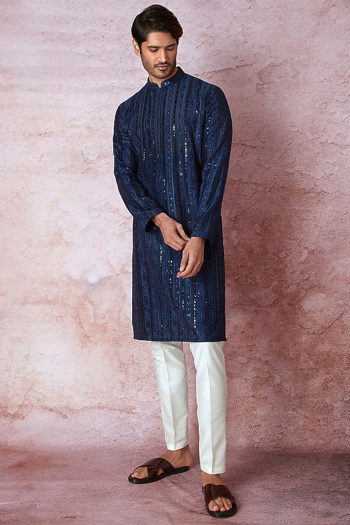 Indigo Blue Chanderi Silk Resham Embroidered Kurta Set by ASUKA at Pernia's Pop Up Shop