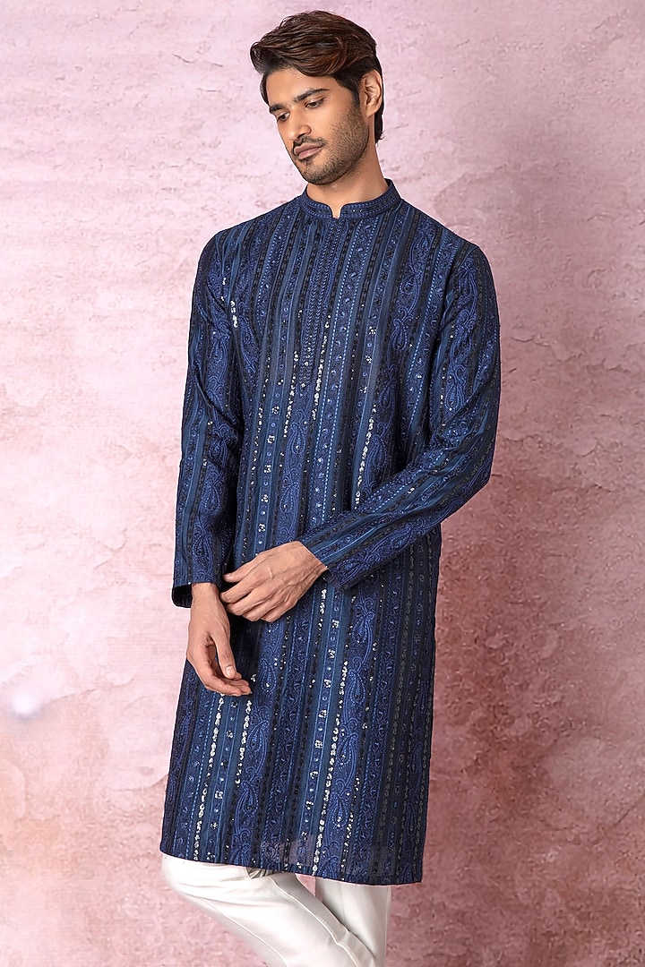 Indigo Blue Chanderi Silk Resham Embroidered Kurta Set by ASUKA at Pernia's Pop Up Shop