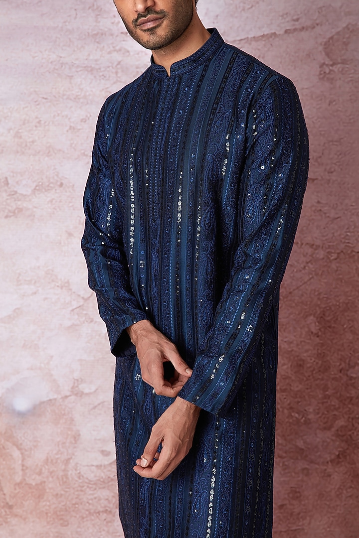 Indigo Blue Chanderi Silk Resham Embroidered Kurta Set by ASUKA at Pernia's Pop Up Shop