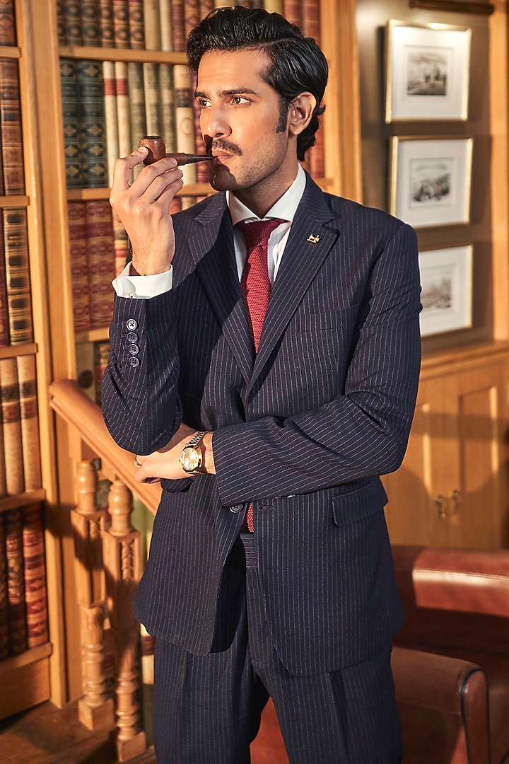 Navy Blue Wool Pinstriped Blazer Set by ASUKA at Pernia's Pop Up Shop