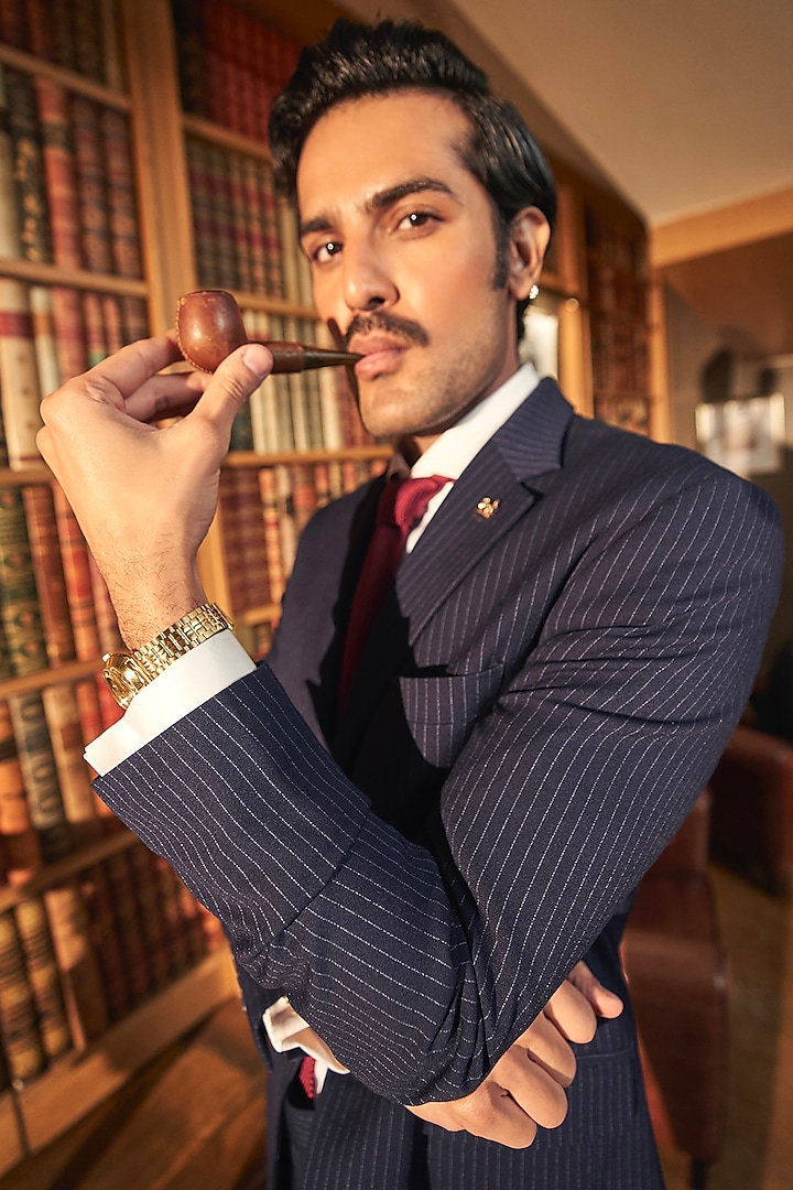 Navy Blue Wool Pinstriped Blazer Set by ASUKA at Pernia's Pop Up Shop