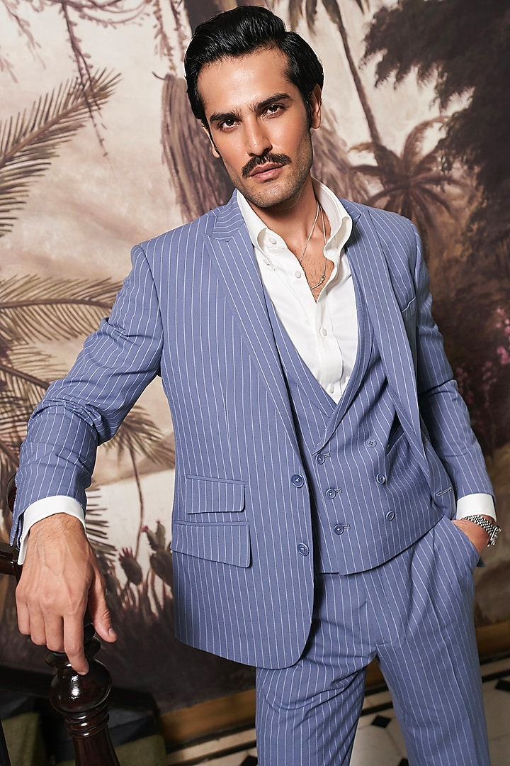 Powder Blue Wool Pinstriped Blazer Set by ASUKA at Pernia's Pop Up Shop
