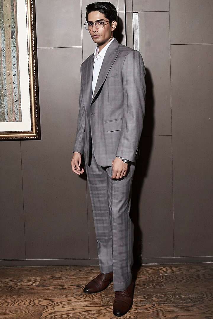Steel Grey Wool Blend Checkered Blazer Set by ASUKA at Pernia's Pop Up Shop