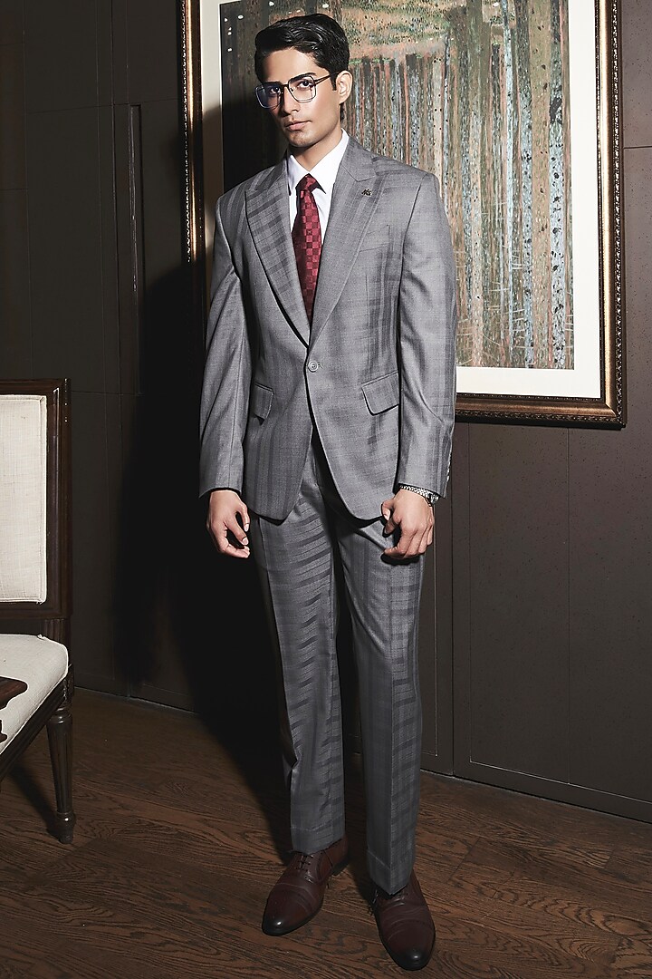 Steel Grey Wool Blend Checkered Blazer Set by ASUKA at Pernia's Pop Up Shop