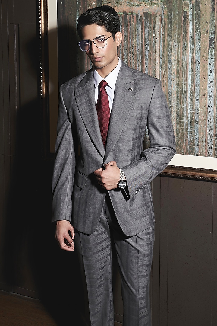 Steel Grey Wool Blend Checkered Blazer Set by ASUKA at Pernia's Pop Up Shop