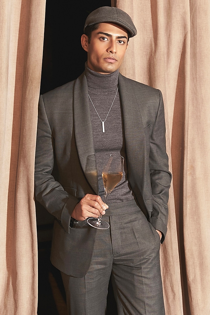 Charcoal Grey Wool Blazer Set by ASUKA at Pernia's Pop Up Shop