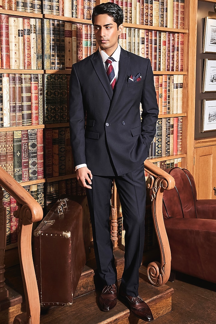 Navy Blue Wool Pinstriped Blazer Set by ASUKA at Pernia's Pop Up Shop