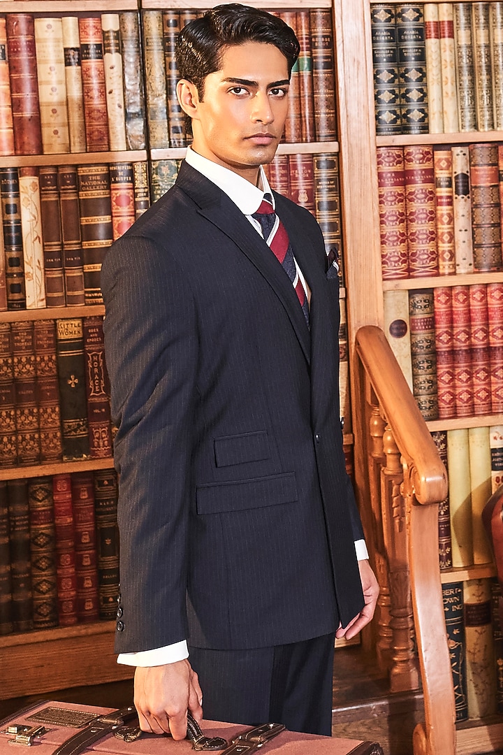 Navy Blue Wool Pinstriped Blazer Set by ASUKA at Pernia's Pop Up Shop