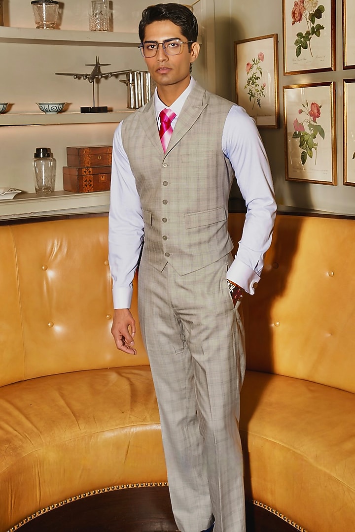 Grey Wool Checkered Waistcoat Set by ASUKA at Pernia's Pop Up Shop