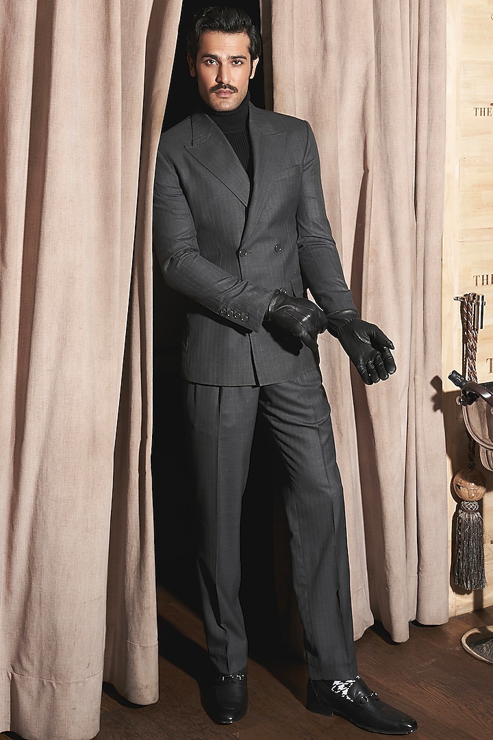 Charcoal Grey Wool Pinstriped Blazer Set by ASUKA