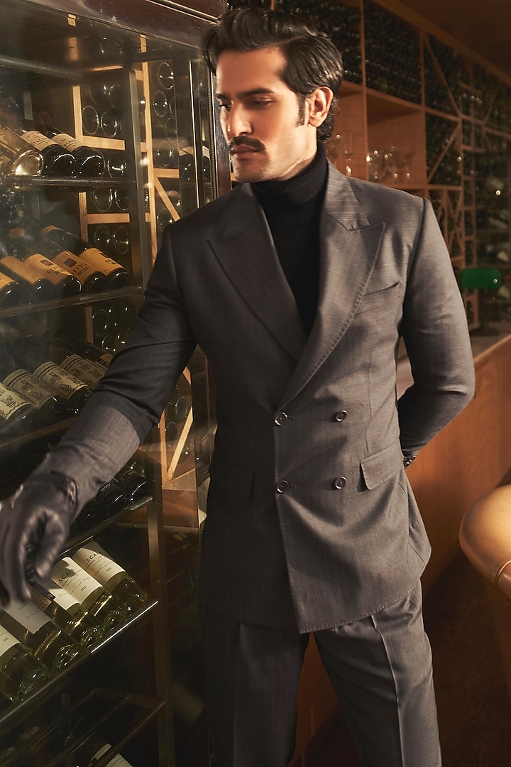 Charcoal Grey Wool Pinstriped Blazer Set by ASUKA at Pernia's Pop Up Shop
