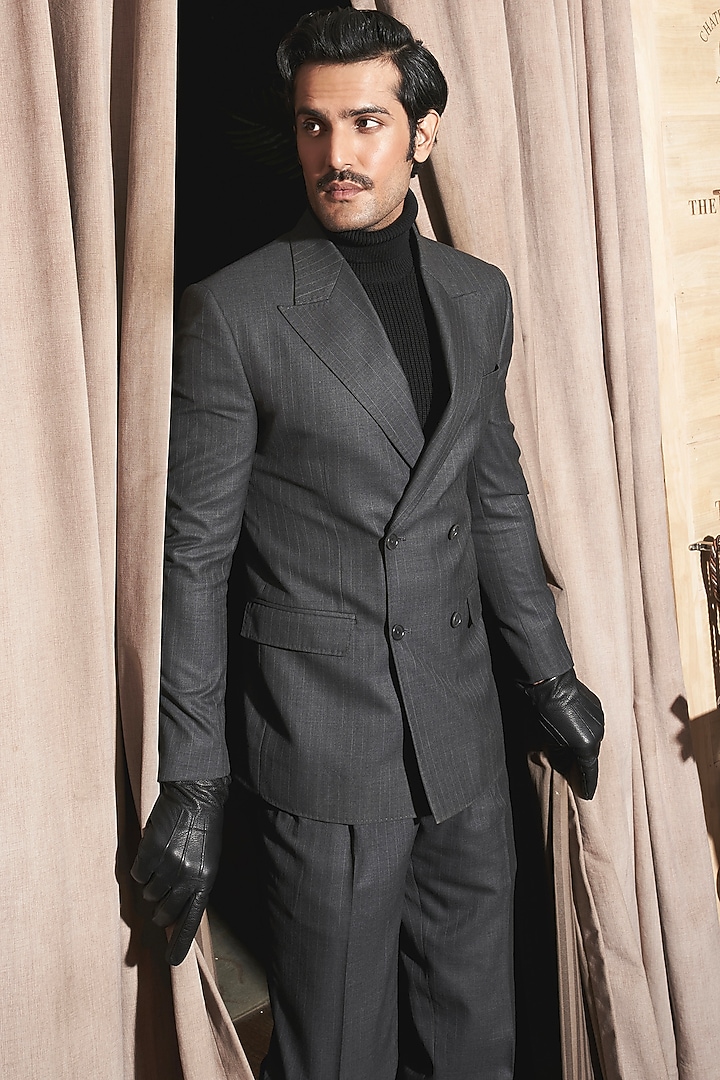 Charcoal Grey Wool Pinstriped Blazer Set by ASUKA at Pernia's Pop Up Shop