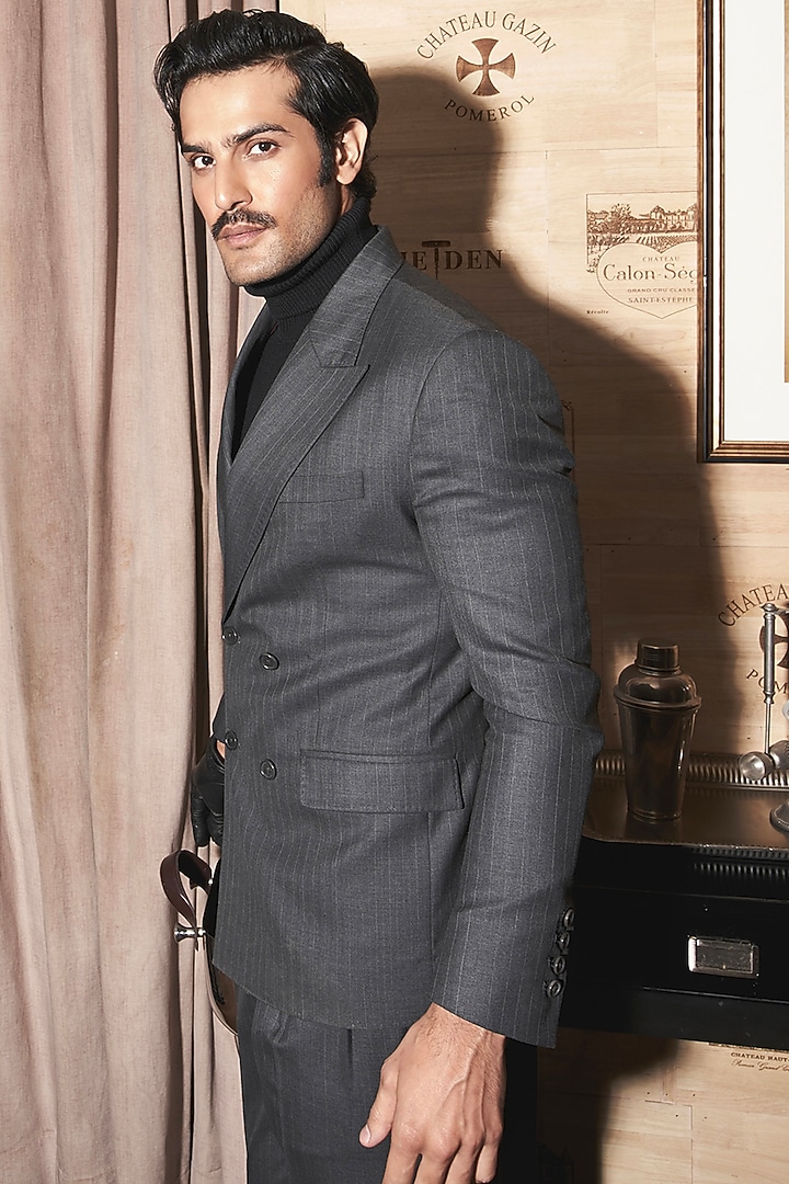 Charcoal Grey Wool Pinstriped Blazer Set by ASUKA at Pernia's Pop Up Shop
