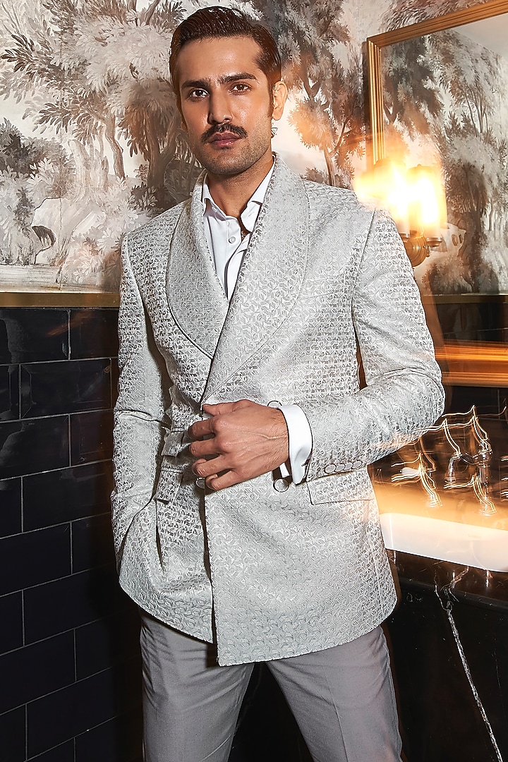 Silver Terrywool Jacquard Tuxedo Set by ASUKA at Pernia's Pop Up Shop
