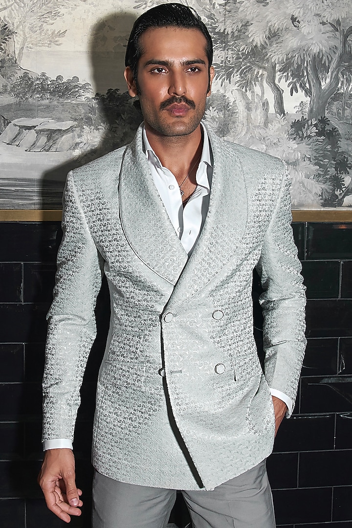 Silver Terrywool Jacquard Tuxedo Set by ASUKA at Pernia's Pop Up Shop