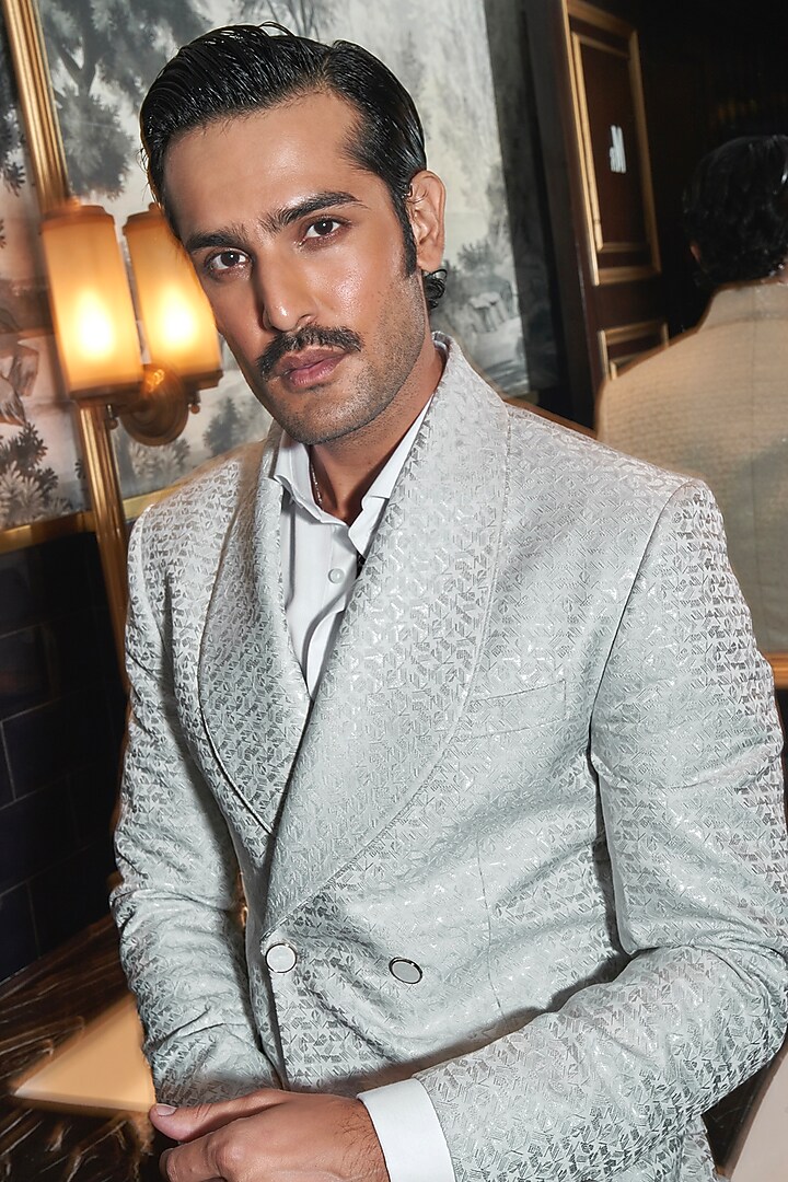 Silver Terrywool Jacquard Tuxedo Set by ASUKA at Pernia's Pop Up Shop