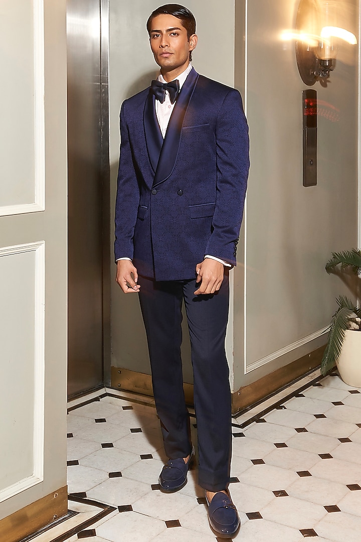 Navy Blue Terrywool Jacquard Double-Breasted Tuxedo Set by ASUKA