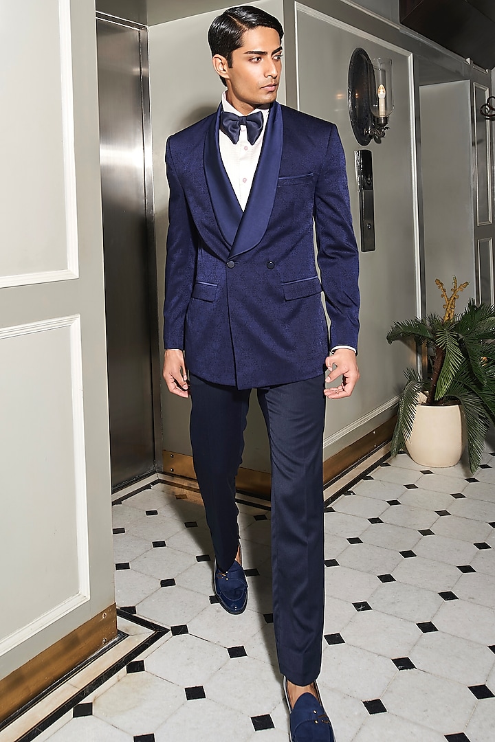 Navy Blue Terrywool Jacquard Double-Breasted Tuxedo Set by ASUKA