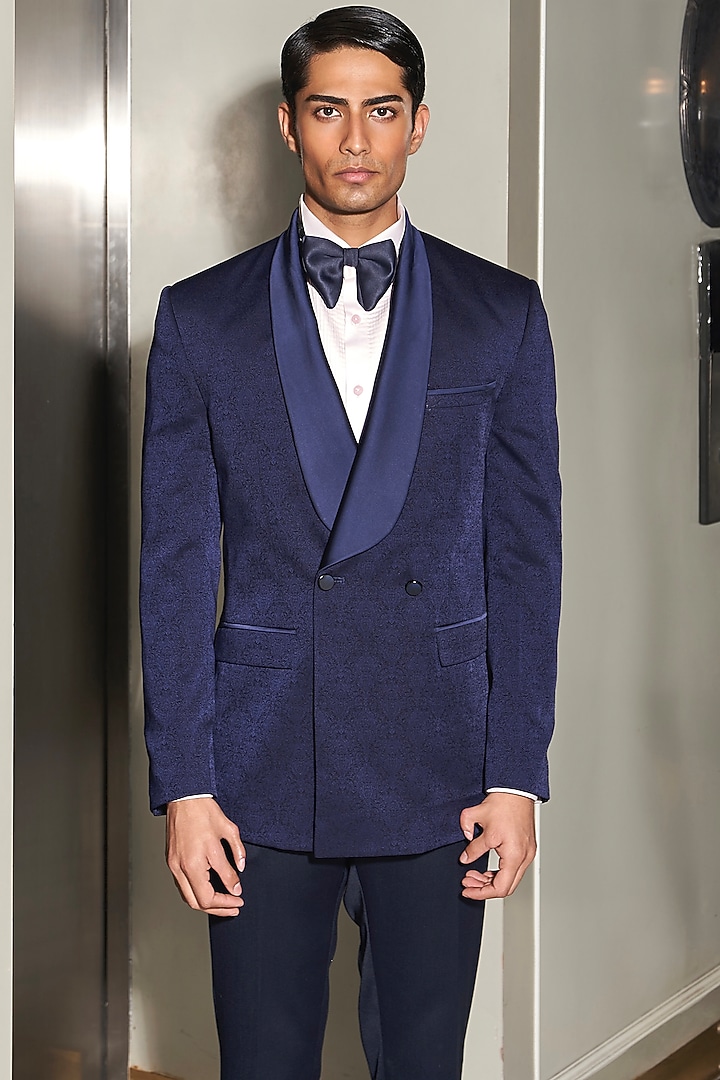 Navy Blue Terrywool Jacquard Double-Breasted Tuxedo Set by ASUKA at Pernia's Pop Up Shop