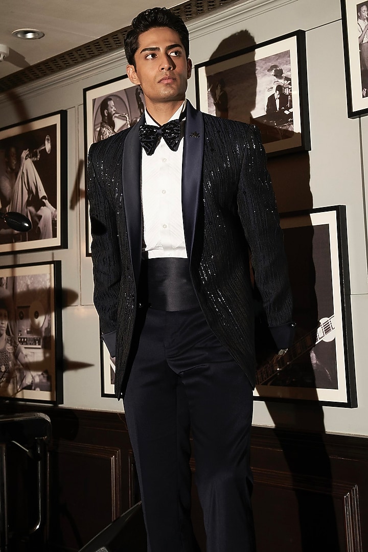 Navy Blue Terrywool Jacquard Hand Embroidered Tuxedo Set by ASUKA at Pernia's Pop Up Shop