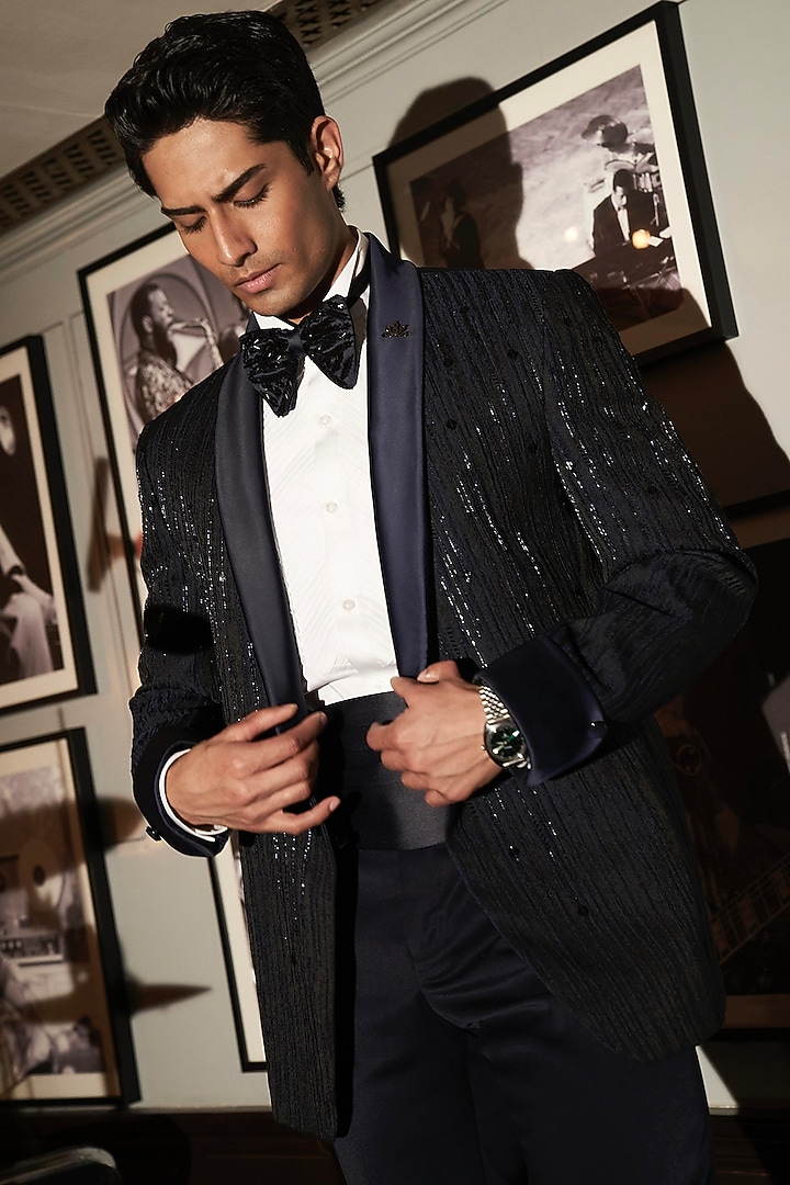 Navy Blue Terrywool Jacquard Hand Embroidered Tuxedo Set by ASUKA at Pernia's Pop Up Shop
