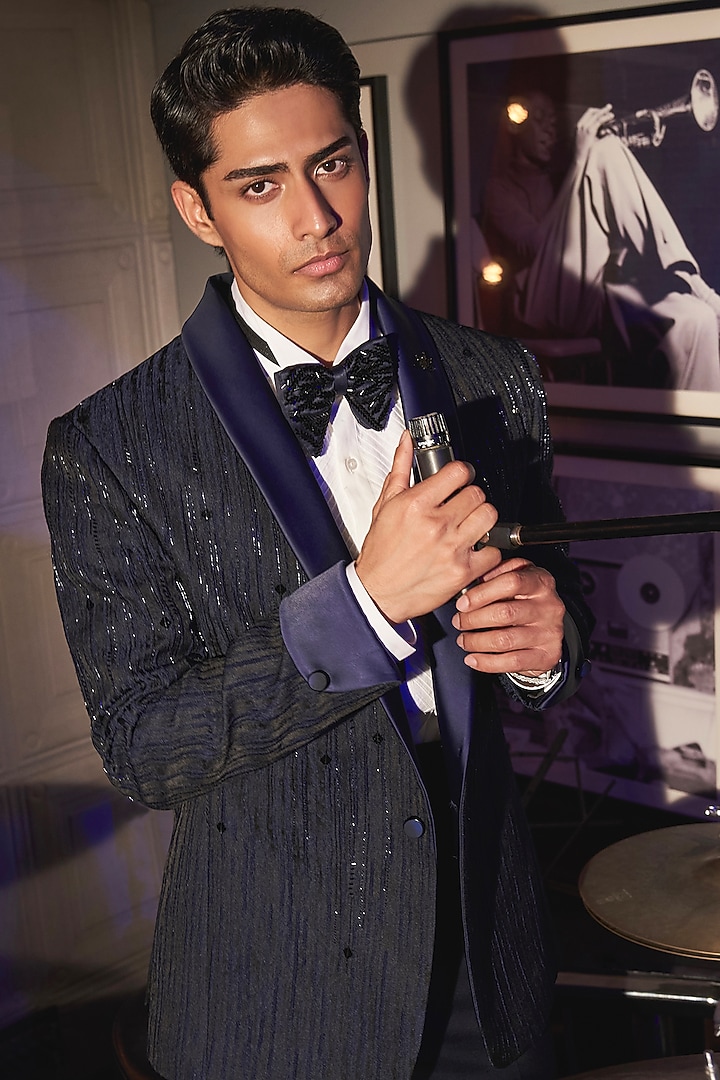 Navy Blue Terrywool Jacquard Hand Embroidered Tuxedo Set by ASUKA at Pernia's Pop Up Shop