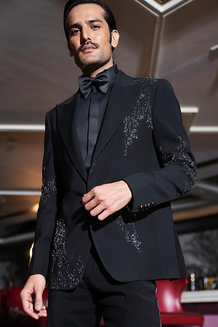 Black Viscose Rayon Hand Embroidered Tuxedo Set by ASUKA at Pernia's Pop Up Shop