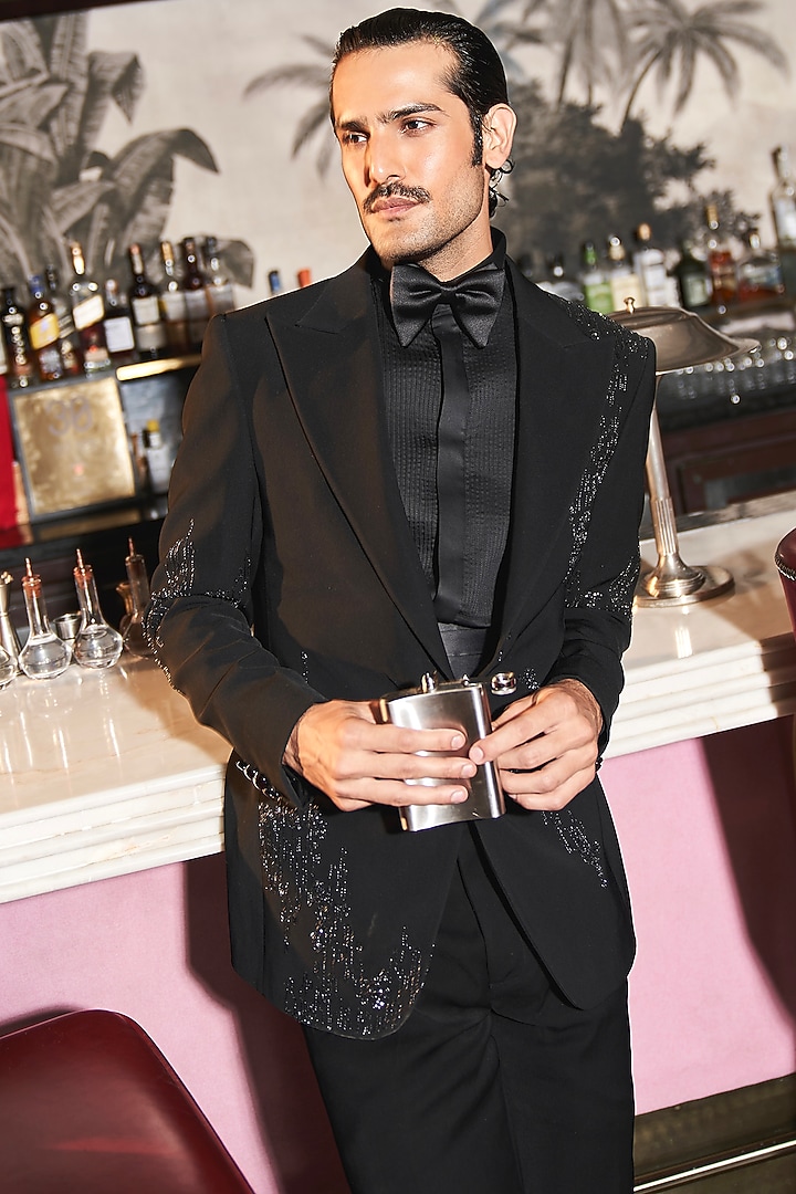 Black Viscose Rayon Hand Embroidered Tuxedo Set by ASUKA at Pernia's Pop Up Shop