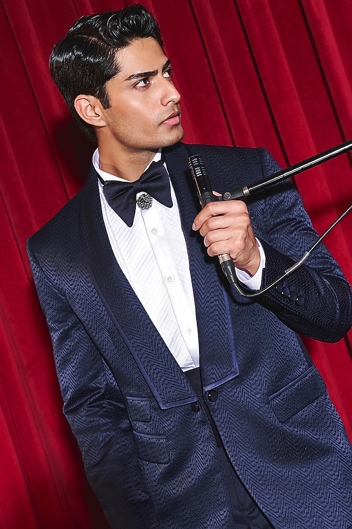 Navy Blue Terrywool Jacquard Tuxedo Set by ASUKA at Pernia's Pop Up Shop