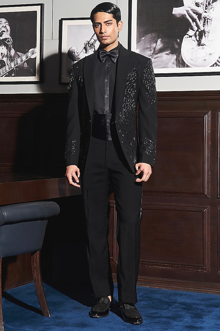 Black Viscose Rayon Hand Embroidered Tuxedo Set by ASUKA