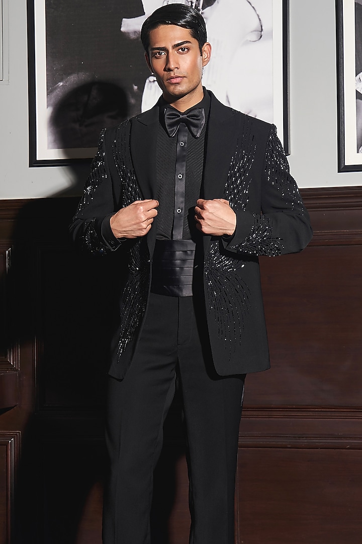 Black Viscose Rayon Hand Embroidered Tuxedo Set by ASUKA at Pernia's Pop Up Shop