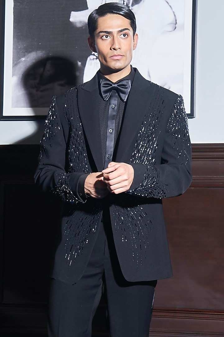 Black Viscose Rayon Hand Embroidered Tuxedo Set by ASUKA at Pernia's Pop Up Shop