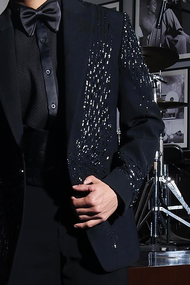 Black Viscose Rayon Hand Embroidered Tuxedo Set by ASUKA at Pernia's Pop Up Shop