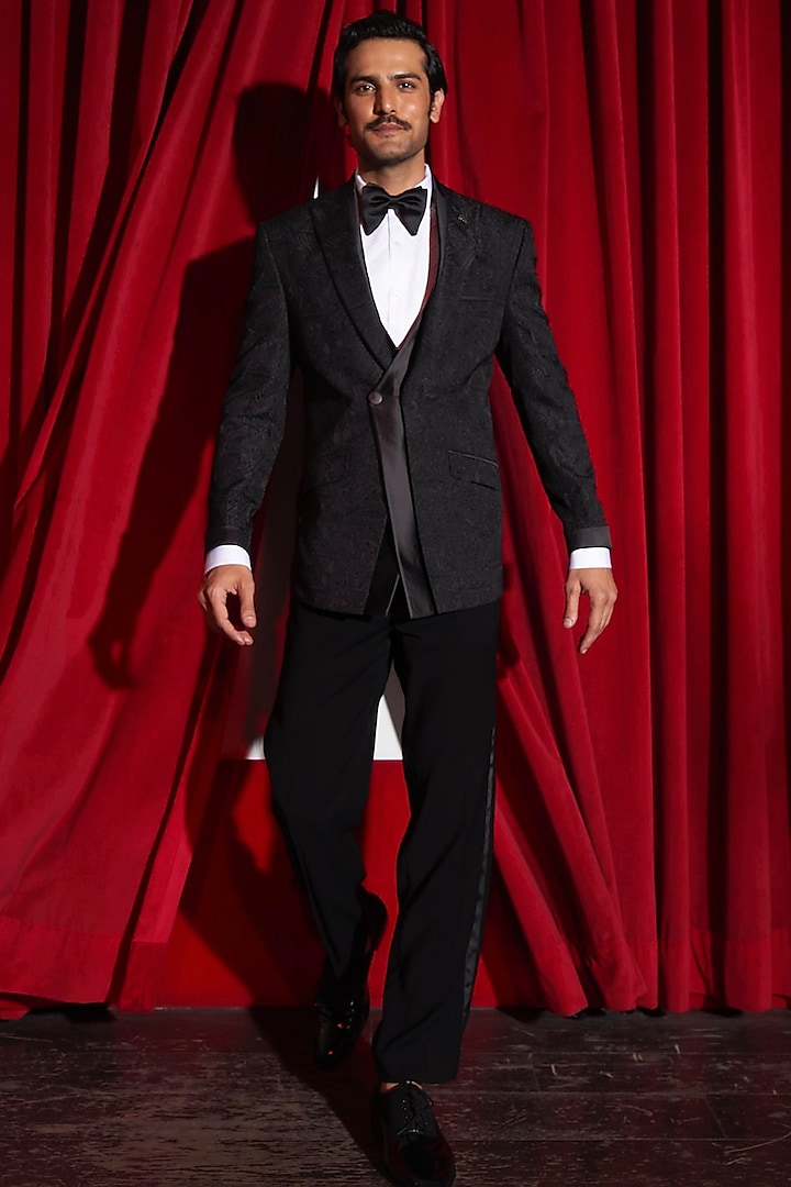 Black Terrywool Jacquard Double-Breasted Tuxedo Set by ASUKA