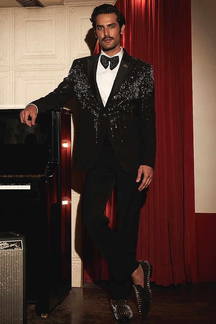 Black Viscose Rayon Hand Embroidered Tuxedo Set by ASUKA at Pernia's Pop Up Shop