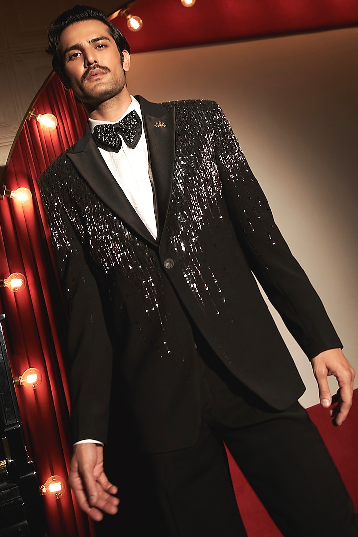 Black Viscose Rayon Hand Embroidered Tuxedo Set by ASUKA at Pernia's Pop Up Shop