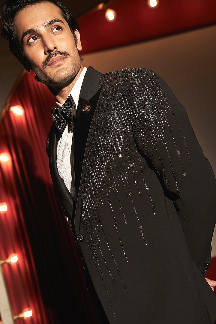 Black Viscose Rayon Hand Embroidered Tuxedo Set by ASUKA at Pernia's Pop Up Shop