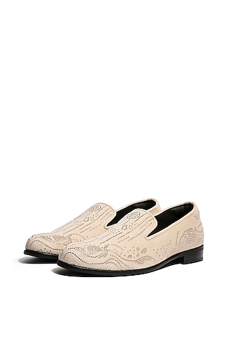 Sand Velvet Crystal Hand Embroidered Loafers by ASUKA