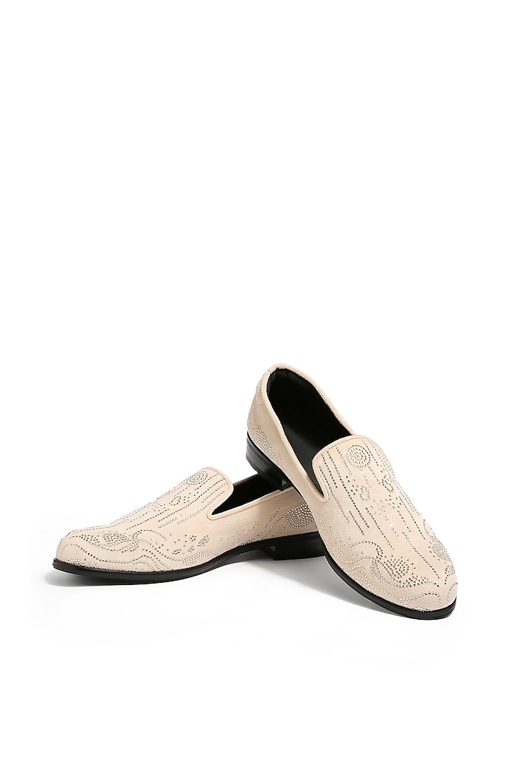 Sand Velvet Crystal Hand Embroidered Loafers by ASUKA at Pernia's Pop Up Shop