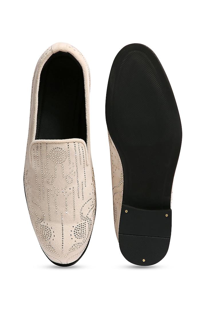 Sand Velvet Crystal Hand Embroidered Loafers by ASUKA at Pernia's Pop Up Shop