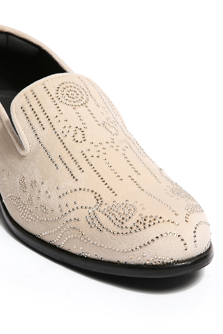 Sand Velvet Crystal Hand Embroidered Loafers by ASUKA at Pernia's Pop Up Shop