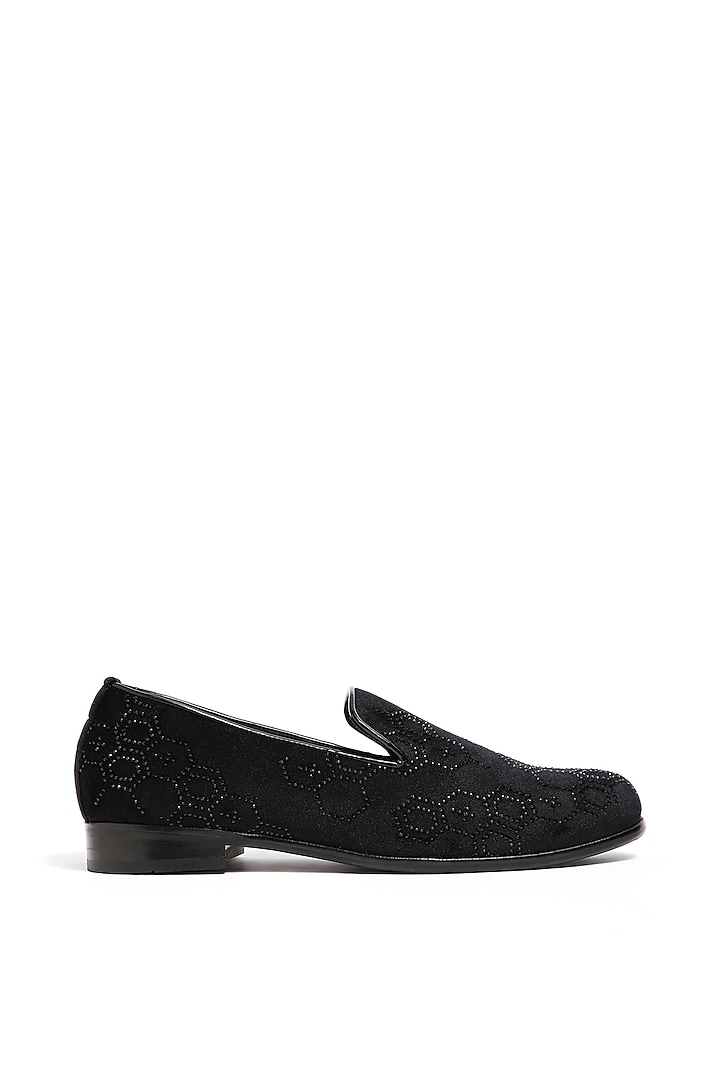 Black Velvet Crystal Hand Embroidered Loafers by ASUKA at Pernia's Pop Up Shop