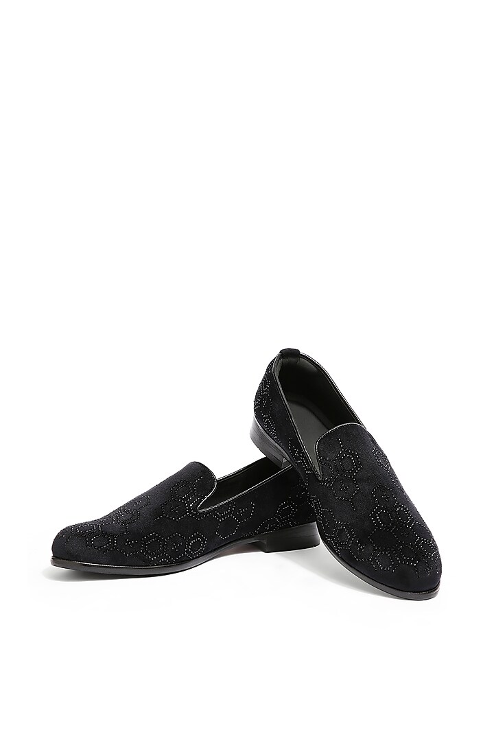 Black Velvet Crystal Hand Embroidered Loafers by ASUKA at Pernia's Pop Up Shop