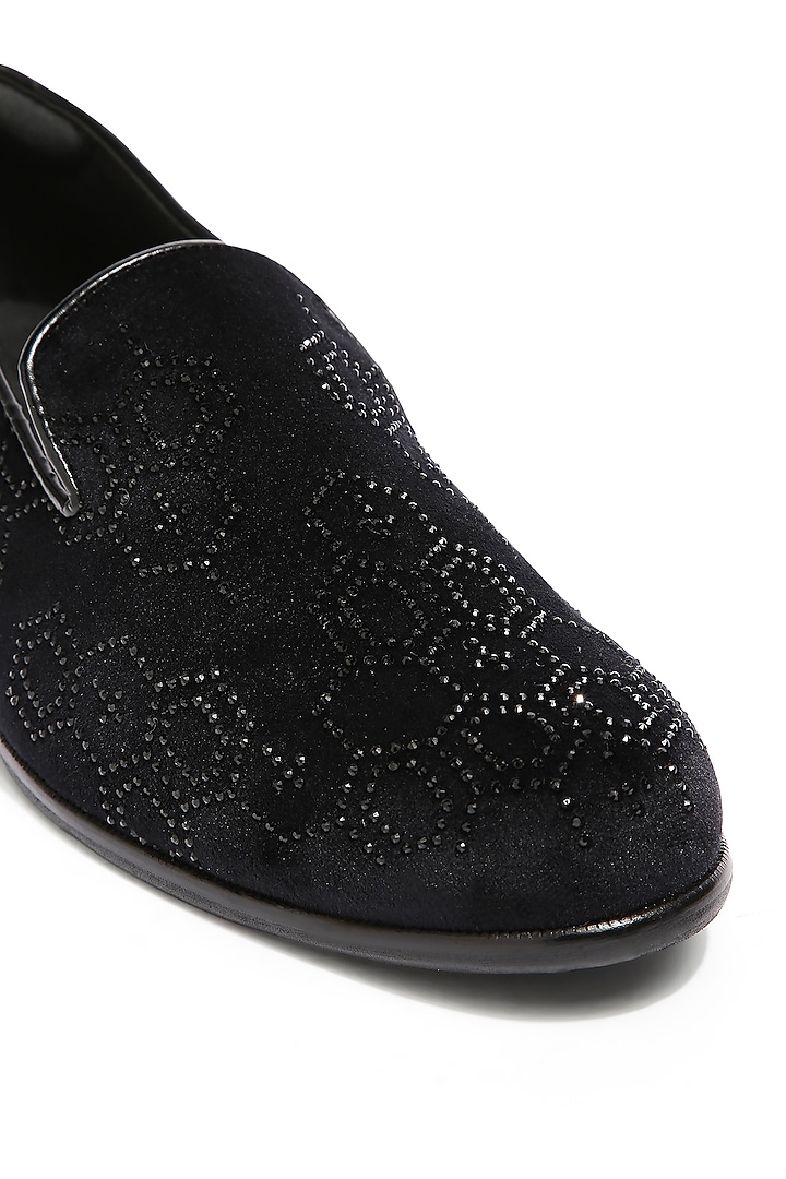 Black Velvet Crystal Hand Embroidered Loafers by ASUKA at Pernia's Pop Up Shop
